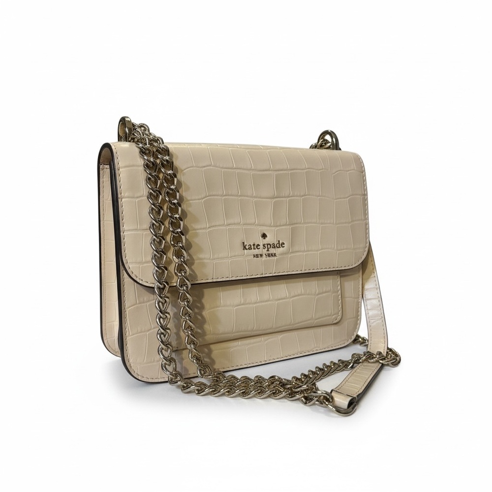 Kate Spade Croc Embossed Beige Crossbody Bag with Chain Strap